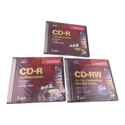 3 Imation Disc Lot: 2 CD-R P700 MB, 24X, 1 CD-RW 650MB / 650MB 4X-10X - Image 1 of 2