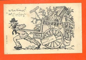 CARTE POSTALE / CHANGEMENT DE DOMICILE / DESSIN BROCANTEUR AVEC CHARRETTE 1910 - Picture 1 of 2
