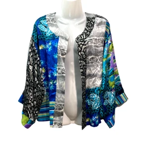 Vtg Chico's Silk Blend Kimono Top Blue Multi print Asian Inspired Size 2 - Picture 1 of 10