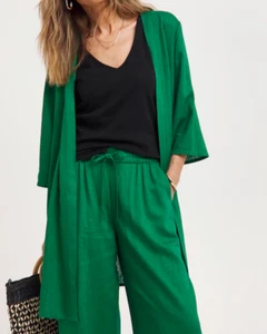 JD WILLIAMS LADIES PINE GREEN LINEN MIX LONGLINE KIMONO NEW (ref 518) - Picture 1 of 4