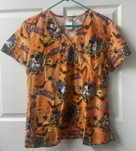 Disney Halloween Scrub Top Womens Medium Orange Purple Mickey Minnie Spiders Bat - Picture 1 of 6