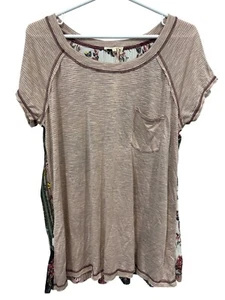 Mystree Striped Short Sleeve Pocket Tee Women Large Floral Mixed Media Essential - Picture 1 of 6