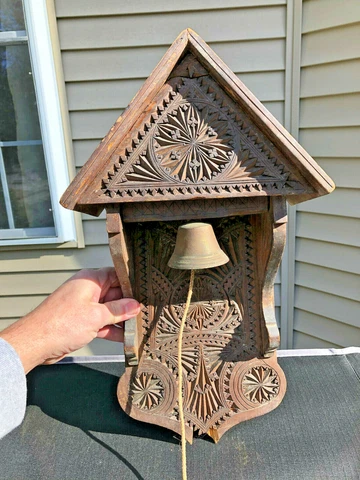 Antique German Store Bell In Carved Wood Belfry Surround -Wall Mount Pull String Cover