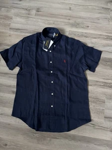 BNWT Polo Ralph Lauren Custom Fit Navy Size M Short Sleeves Linen Shirt - Picture 1 of 5