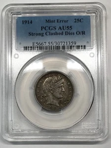 1914-P Barber Half Dollar PCGS AU55 - *Mint Error Strong Clashed Dies O/R* - Picture 1 of 5
