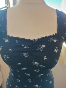 H&M Square Neck Lace Trim Black Mini Dress Fitted Ditsy Floral Print Size S - Picture 1 of 5