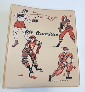 1950S VINTAGE ALL AMERICAN SPORTS VINYL TWO RING BINDER HOCKEY BASEBALL FOOTBALL - Picture 1 of 5