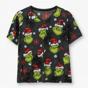 Dr Seuss Grinch Christmas Scrub Top 3XL Black Holiday Santa Hat Snowflakes - Picture 1 of 6