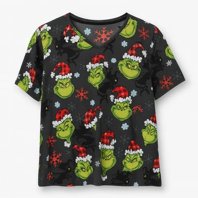 Dr Seuss Grinch Christmas Scrub Top 3XL Black Holiday Santa Hat Snowflakes - Image 1 of 4