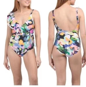 Profile by Gottex Holi Abstract Floral Print Ruffle Surplice V-Neck Tummy S 12 - Picture 1 of 4