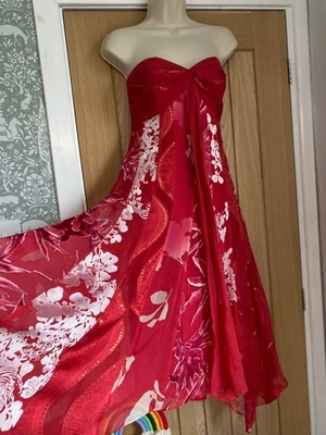 ✨ Monsoon Red Floral Silk Xmas Party Strapless Evening Occasion Dress Size 18 - Image 1 of 4