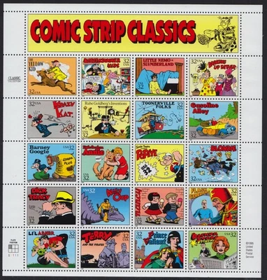 1995 Comic Strip Classics 3000a-t Full Sheet of 20 The Yellow Kid Popeye Annie - Image 1 of 2