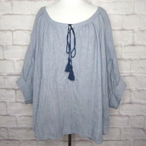Lane Bryant Blue Striped Embroidered Tassel Tie Dolman Sleeve Blouse size 18/20 - Picture 1 of 7