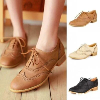 Zapatos Oxford informales retro planos para mujer vintage Inglaterra brogue con cordones Foto 1 de 4