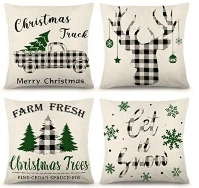 Juego de 4 Fundas de Almohada Navidad 18"×18".  Casa de campo rústica a cuadros blanco y negro  Foto 1 de 4
