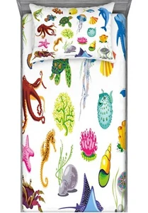 Marine Fitted Sheet & Pillow Sham Set, Sea Animals Octopus Dolphin Shells Sti... - Picture 1 of 4