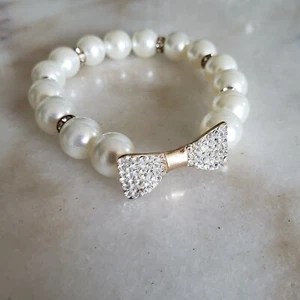 Faux Pearl Stretchy Gold Tone Metal Rhinestone Bow Tie Small Pet Collar Necklace - Picture 1 of 6