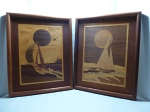 2 barche a vela vintage intarsiate legno arte sole oceano da collezione fatte a mano USA - Foto 1 di 14