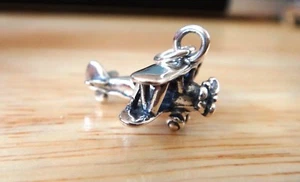 Sterling Silver 19x18x13mm Bi-plane Airplane Jet Travel Charm - Picture 1 of 6