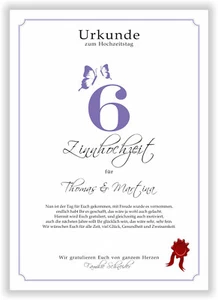 6. Hochzeitstag Zinnhochzeit Urkunde personalisiertes Geschenk zum 6 Jahrestag - Bild 1 von 7