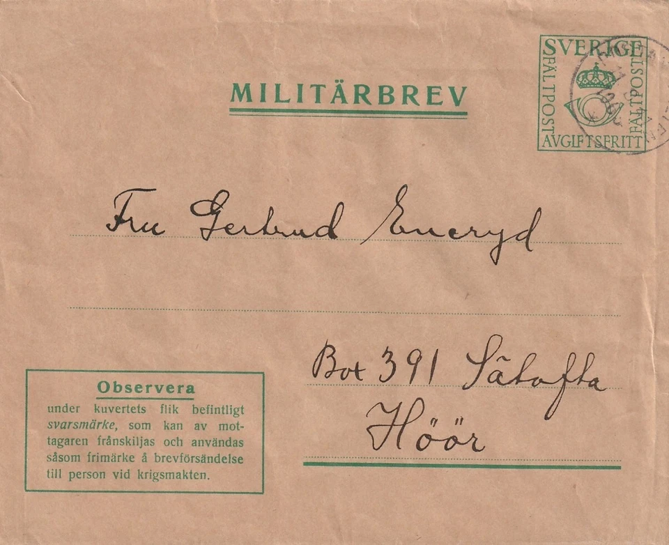 SUECIA: Correo militar, sobre militar M8, 1940, sin sello de respuesta. Foto 1 de 1
