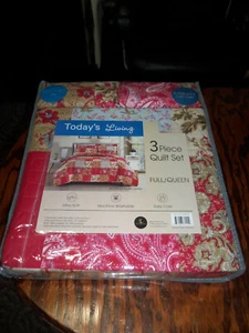 Today's Living 3 Piece Full/Queen Red Patch Floral Napoli Patchwork Quilt Set - Picture 1 of 2