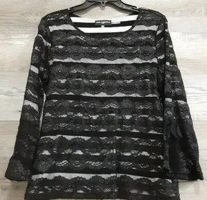 Camisa Karl Lagerfeld Mujer Manga 3/4 Lazo Negra Encaje Blanco Rayas Superposición M - Imagen 1 de 4