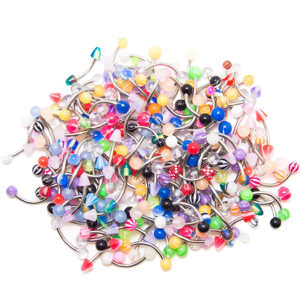 100-Pack Mix 316L Surgical Steel and Acrylic 14ga-3/8"(10mm) Curved Barbells - Image 1 of 1