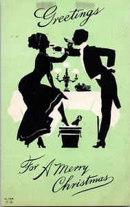 Vintage Christmas Postcard 1913 Bright Green Black Shiloute - Picture 1 of 2