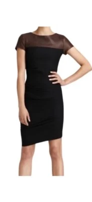 HALSTON HERITAGE BLACK & BROWN SHORT SLEEVE ROUND LEATHER NECK WOOL DRESS 8 New - Image 1 of 4