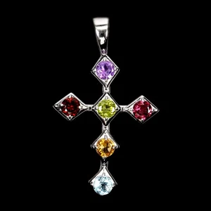 925 Sterling Silver Pendant Round Rhodolite 5mm Amethyst Cross Gemstone Jewelry - Picture 1 of 13