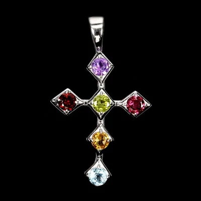 925 Sterling Silver Pendant Round Rhodolite 5mm Amethyst Cross Gemstone Jewelry - Image 1 of 4