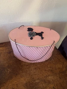 Vintage MCM Beige Oval Chocolate Poodle Sewing Box With String Handles USA - Picture 1 of 4