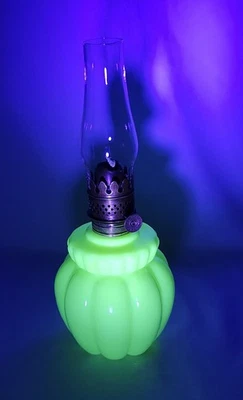 Antique Uranium Custard Glass Miniature OIL LAMP Glows 1800's Complete 8.25" - Image 1 of 4