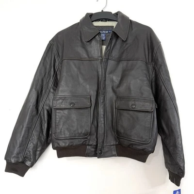 Men's Nautica Bomber Jacket Dark Brown Genuine Leather Size XL - Image 1 of 4