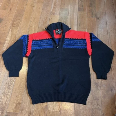 Vintage Mens Obermeyer Oslo Fair Isle 1/2 Zip Sweater Wool Blend Black Red sz L - Image 1 of 4