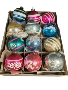 Menge 12 Vintage Shiny Brite Schablonen Glas Ornamente 3" USA Weihnachten MCM Orig. Box - Bild 1 von 17