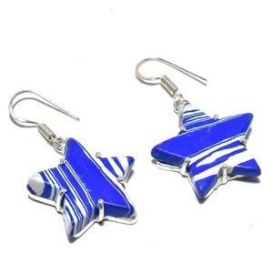 Xmas Star - Blue Calsilica Gemstone 925 Sterling Silver Earring 1.7" L801 - Picture 1 of 7