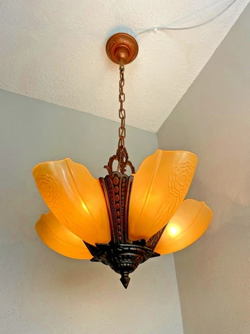 1930s Art Deco 5 Light Cast Iron Slip Shade Fixture #1 Cover