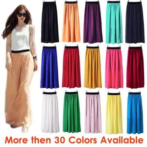 Women Double Layer Chiffon Pleated Retro Long Maxi Dress Elastic Waist Skirt Hot - Picture 1 of 26