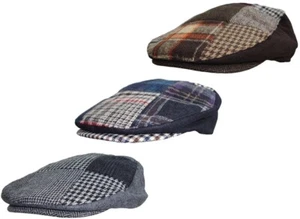 MENS FLAT CAP PATCHWORK RACING COUNTRY MENS HAT BLACK BROWN GREY UK SELLER - Picture 1 of 7