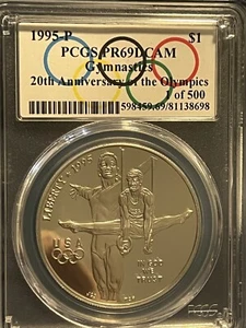 Olympics Gymnastics Silver Dollar, 1995 P PCGS PR 69 D-Cam $1, 1 of 500 Label - Picture 1 of 7