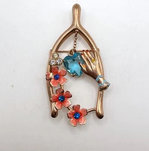 Broche Vintage único cobre espoleta de la suerte mano flores azul colgante estrás - Imagen 1 de 10