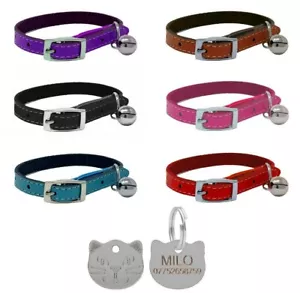 Leather Cat Collar, Safety Elastic Bell Range of Colours & Engraved Cat Face Tag - Picture 1 of 8
