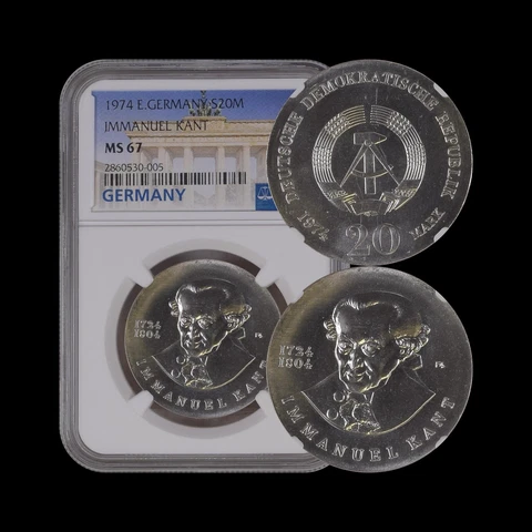 GERMANY, East. 1974, 20 Mark, Silver - NGC MS67 - DDR, Immanuel Kant Cover