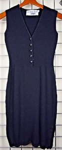 St John Mini Dress VTG Midnight Black 60s Knit Leather Buttons Sleek Fit Sz S/M - Picture 1 of 13
