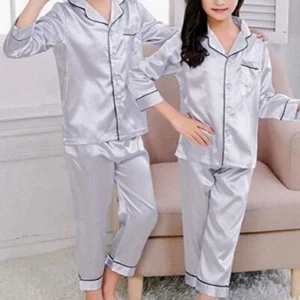 NWT Horcute Boys Satin Pajama Set Pants Long Sleeve Button Front Top Silver - Picture 1 of 11