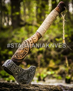 Hacha integral de caza Tomahawk vikinga Valhalla de acero al carbono forjada a mano - Imagen 1 de 3