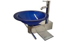 Bathroom Pedestal Vanity Blue Tempered Glass Bowl Wide Edge Vessel Sink Set