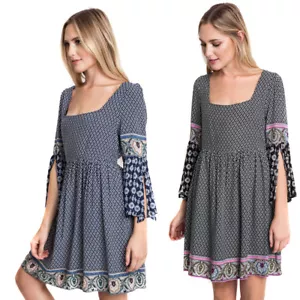 UMGEE Damen dunkelblau schwarz Boho Bohemian Schlitz Glockenärmel Fasent Kleid S M L - Bild 1 von 12